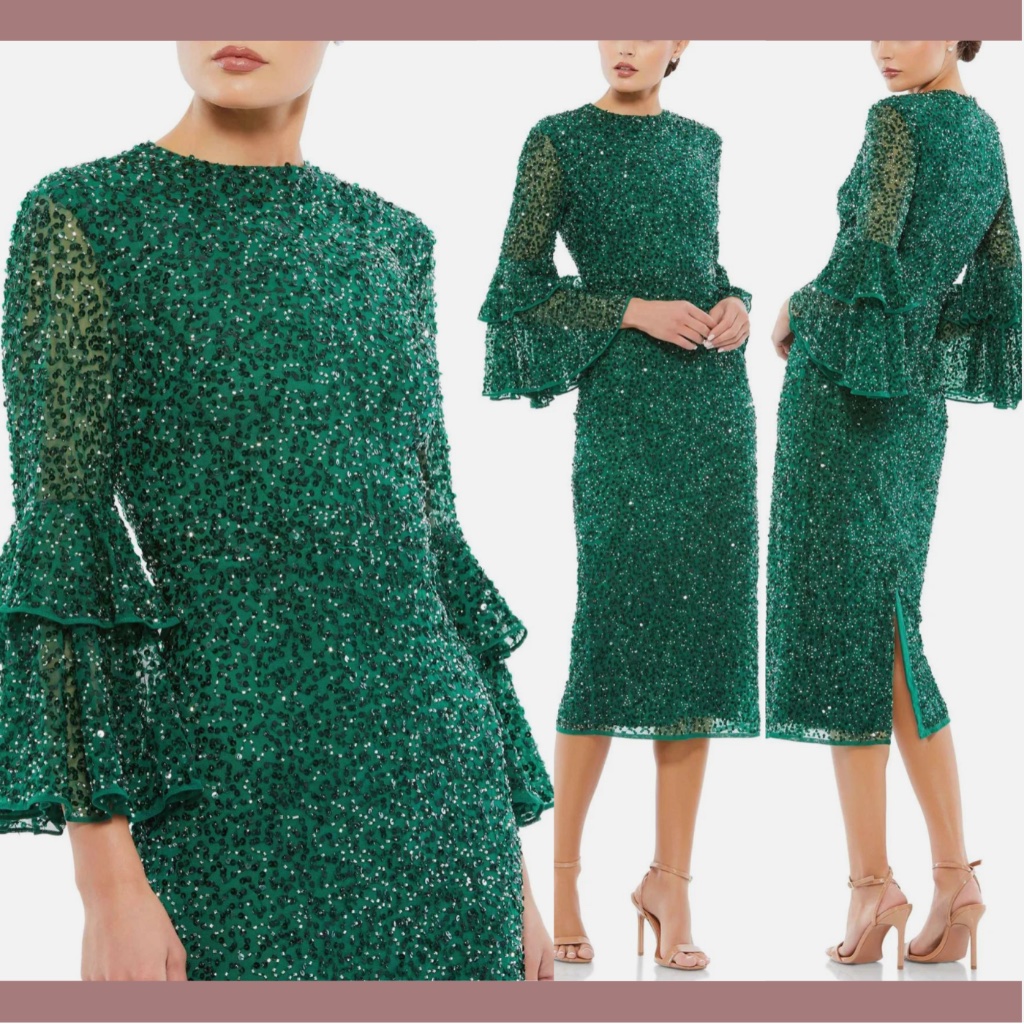 Nwt $458 Mac Duggal [ 18 ] Sequined Ruffle Tiered Midi Dress Emerald Green